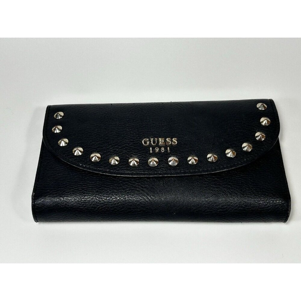 Guess Woman’s Black Studded Leather Trifold Wallet Vtg